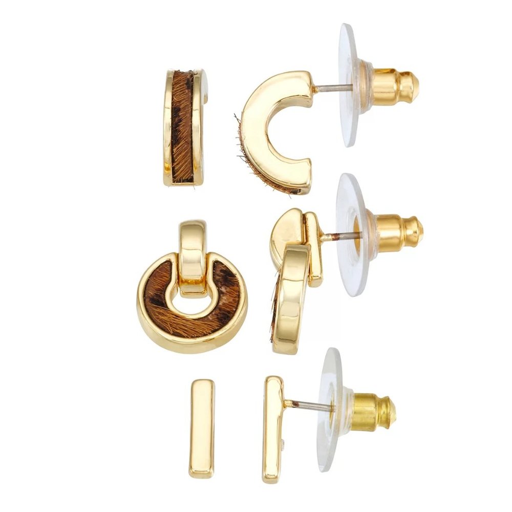 Nine West Gold Tone & Cheetah Print Stud Earrings Set